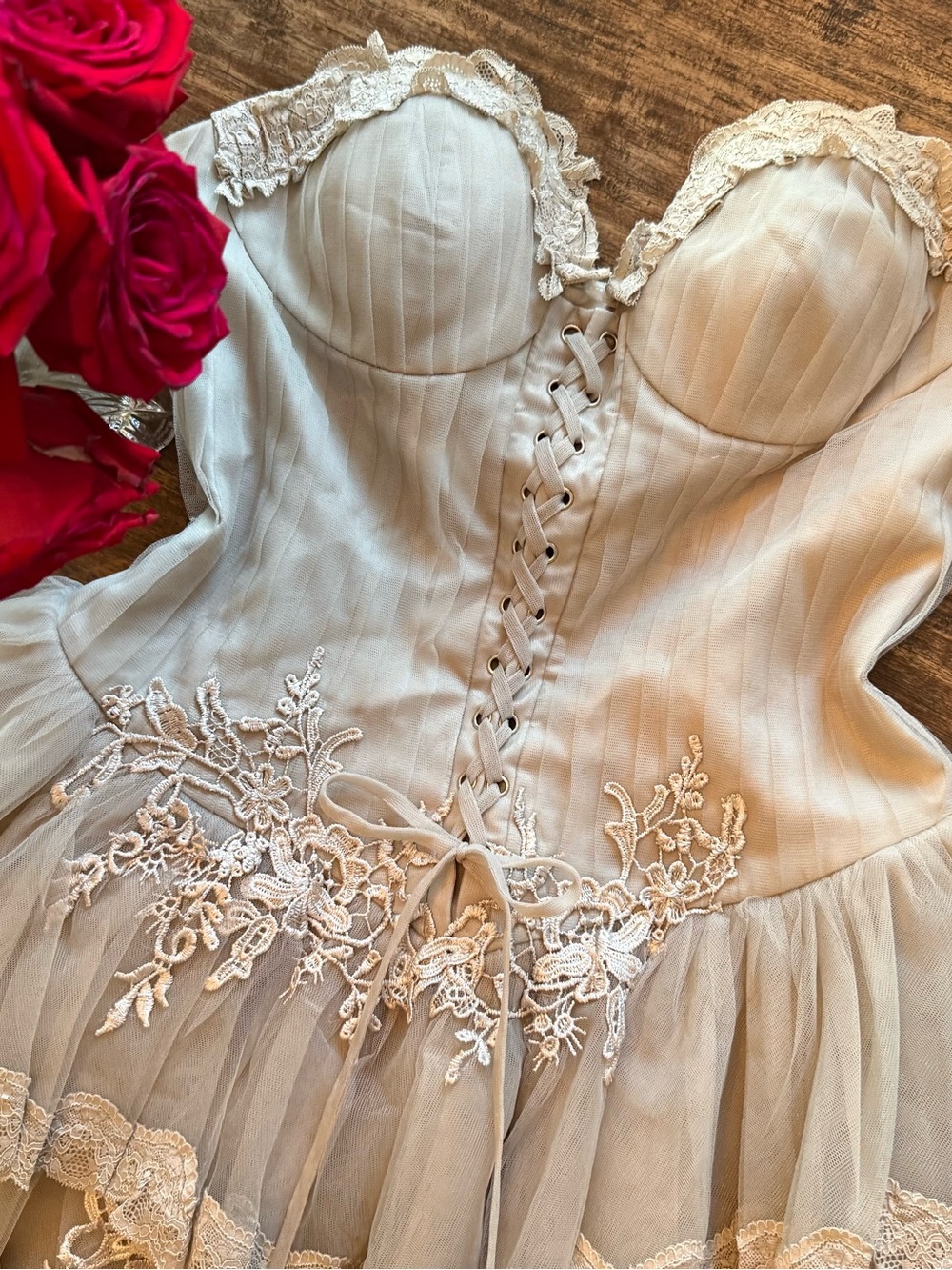 Romantic Strapless Taupe Lace Tiered Dress